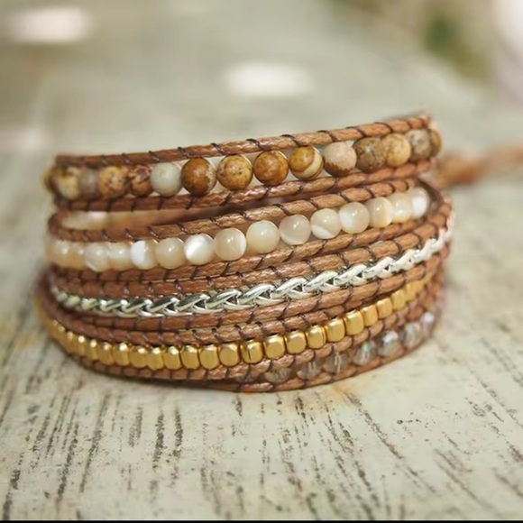 NWOT Handmade Natural Amazonite and Jasper Stone Wrap Boho Bracelet - Picture 3 of 3